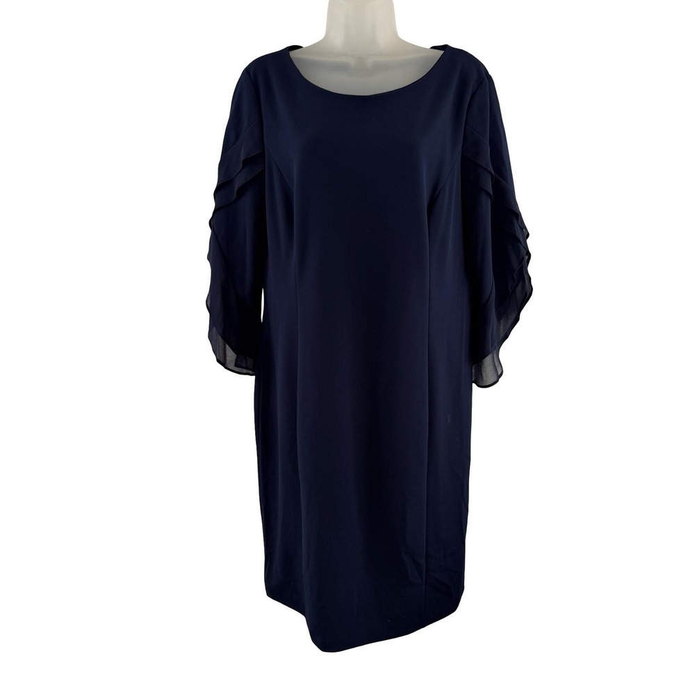 DKNY Dress Womens 16 Navy Blue Chiffon Tiered Flutter Sleeve Shift Midi Lined